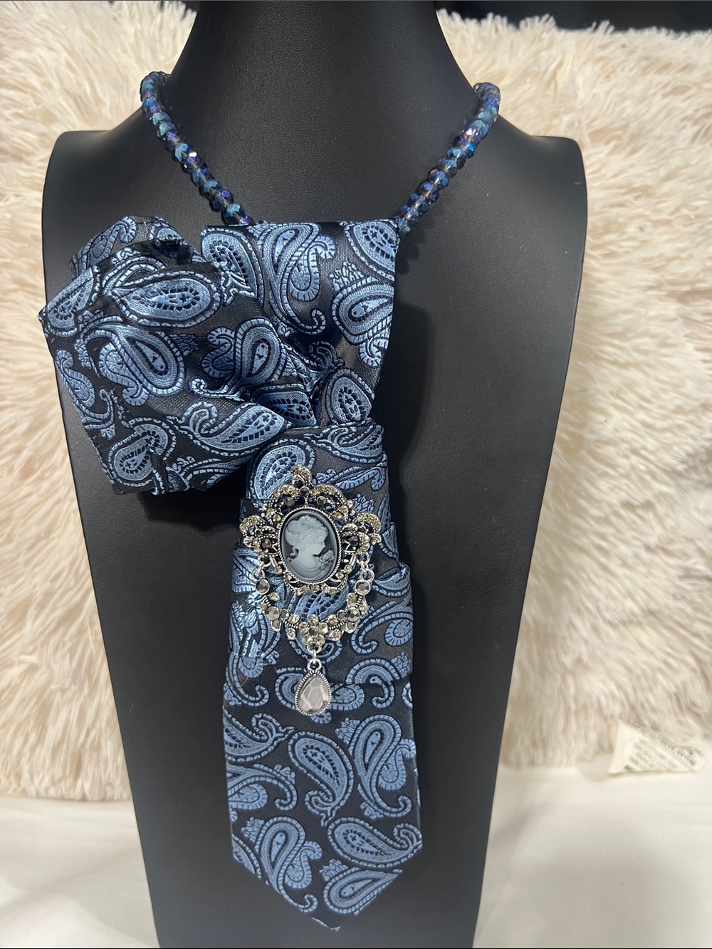 Blue Paisley Silk Tie with Cameo Brooch